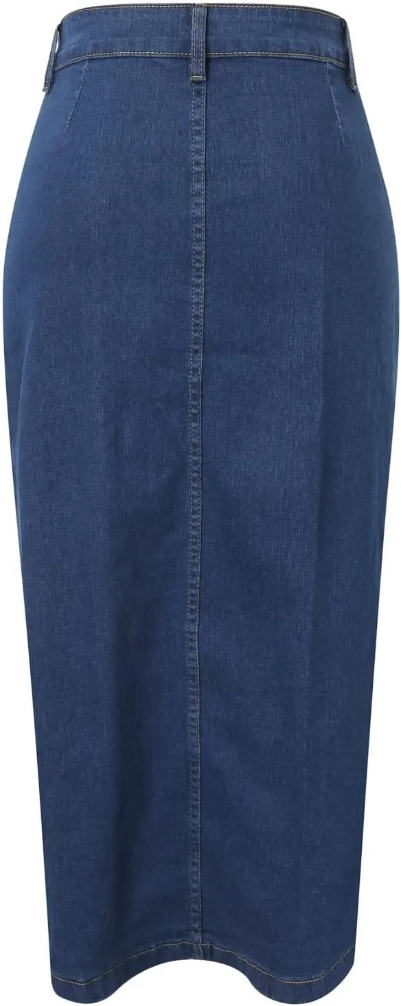Women's Retro Exposure Button/Zipper-Fly Full Length A-Line Fishtail Maxi Long Washed Denim Jean Skirt Split Hem Skirts