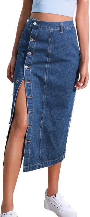Women's Retro Exposure Button/Zipper-Fly Full Length A-Line Fishtail Maxi Long Washed Denim Jean Skirt Split Hem Skirts