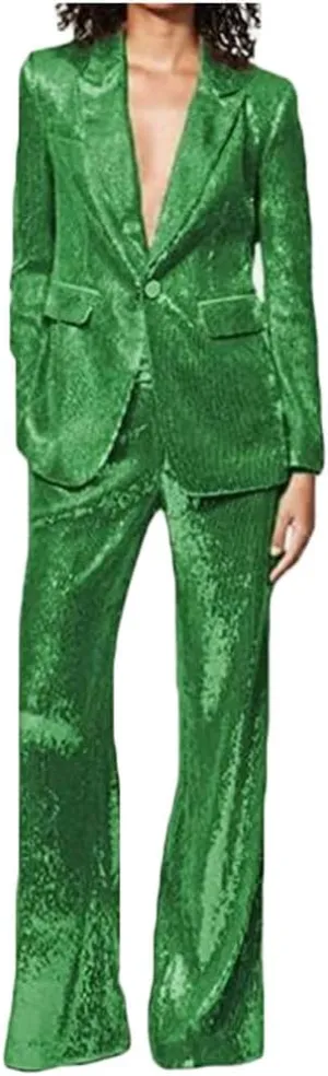 Women's Sequined Fashion Suit Set One Button 2 Piece Wedding Tuxedos Blazer Pants Prom Party Outfit