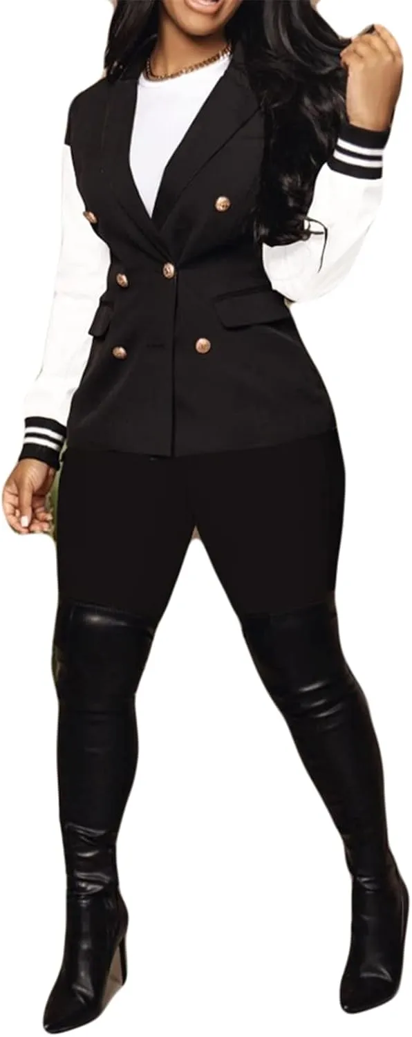 Womens Sexy 2 Pieces Double Breasted Paneled Blazer Jackets Bodycon Pants Party Clubwear Tracksuit Outfits Suit Set