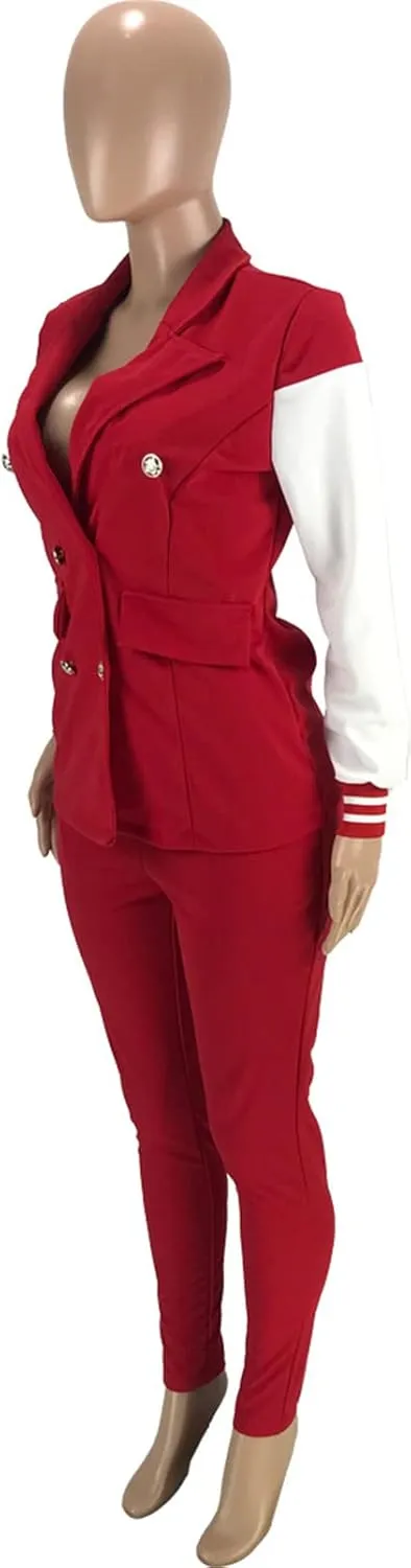 Womens Sexy 2 Pieces Double Breasted Paneled Blazer Jackets Bodycon Pants Party Clubwear Tracksuit Outfits Suit Set