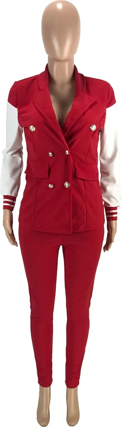 Womens Sexy 2 Pieces Double Breasted Paneled Blazer Jackets Bodycon Pants Party Clubwear Tracksuit Outfits Suit Set