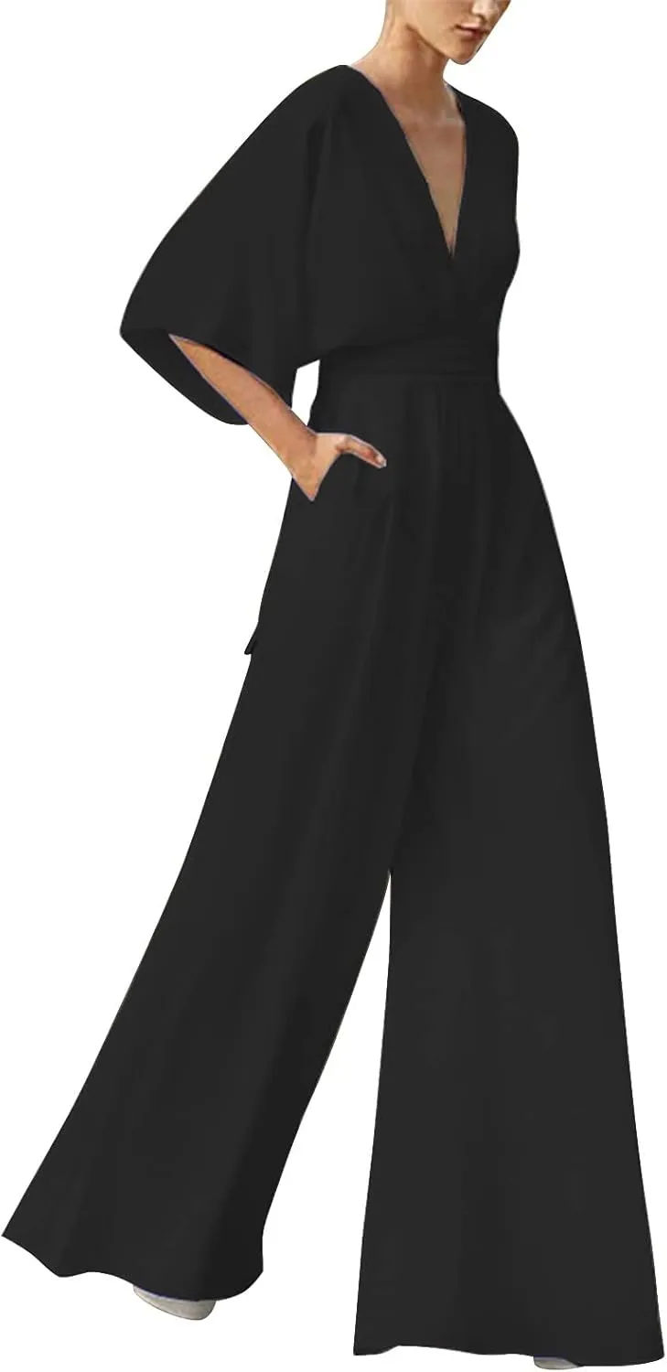 Women's Sexy Deep V Neck Halter Jumpsuits High Waist Wide Leg Long Pants Wedding Rompers Overalls with Pockets