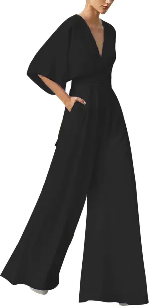 Women's Sexy Deep V Neck Halter Jumpsuits High Waist Wide Leg Long Pants Wedding Rompers Overalls with Pockets