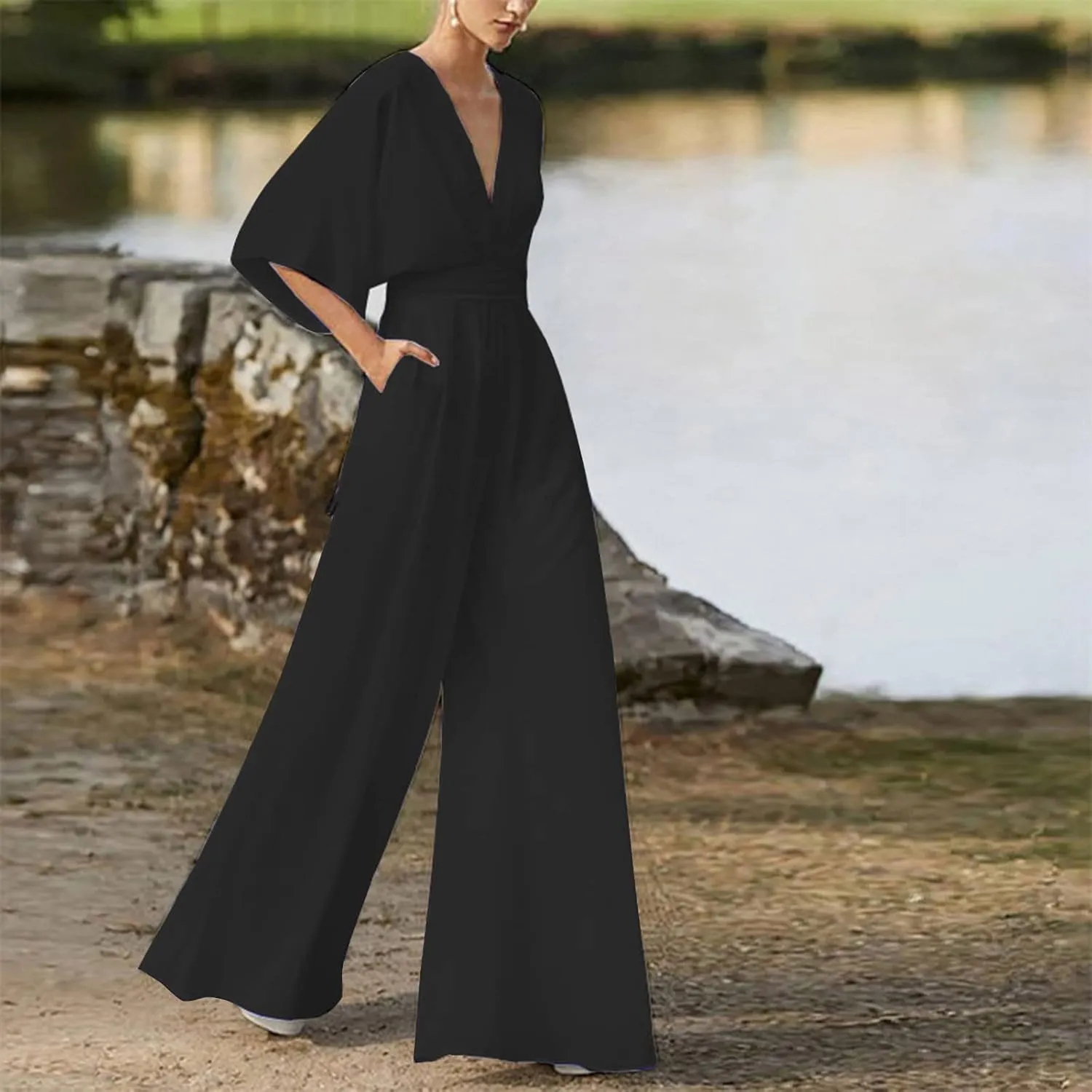 Women's Sexy Deep V Neck Halter Jumpsuits High Waist Wide Leg Long Pants Wedding Rompers Overalls with Pockets