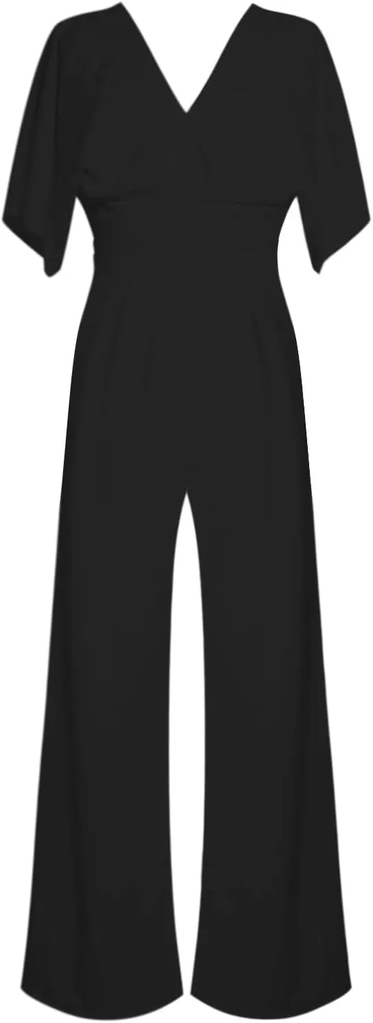 Women's Sexy Deep V Neck Halter Jumpsuits High Waist Wide Leg Long Pants Wedding Rompers Overalls with Pockets