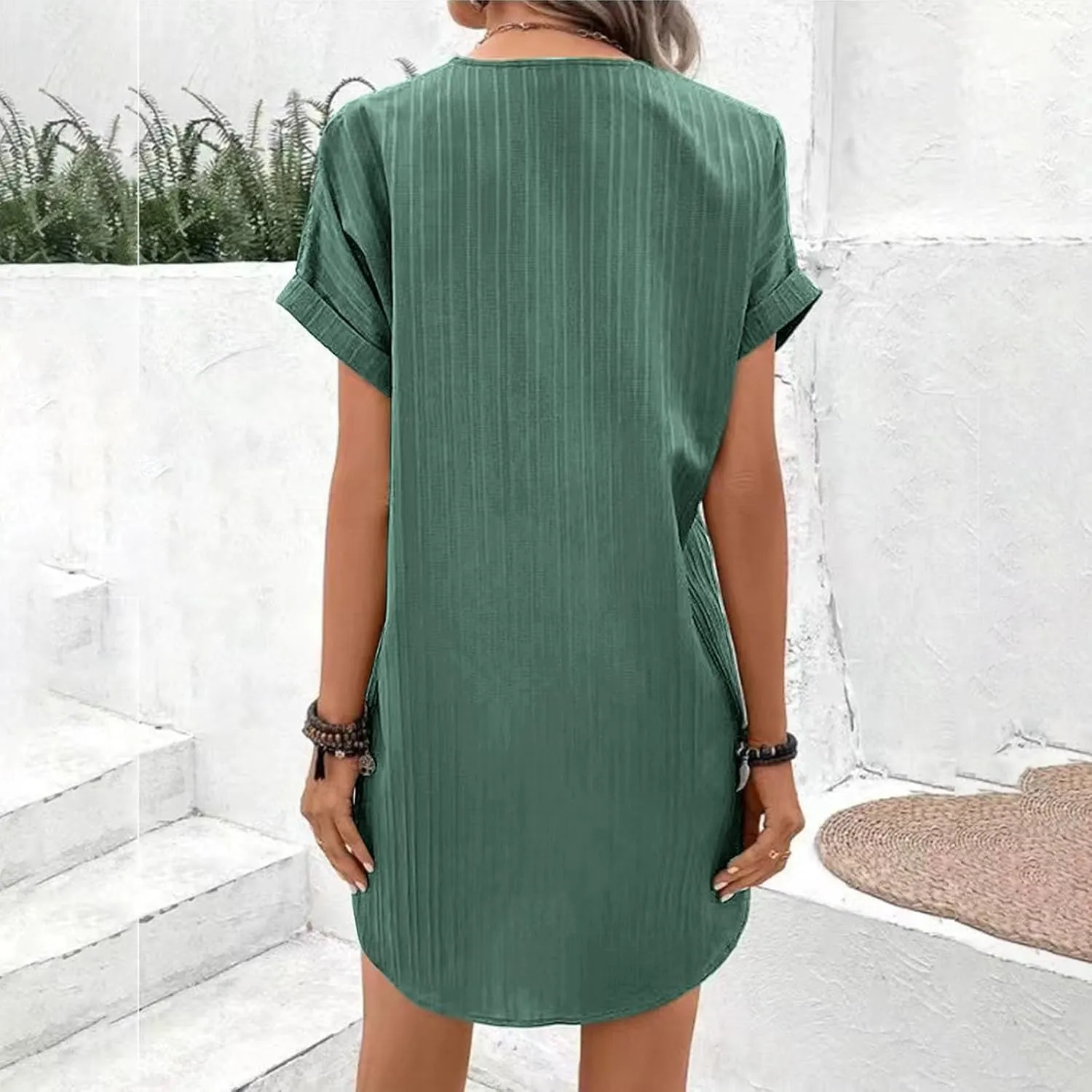 Womens Short Sleeve Casual Summer Dress V Neck Boho Beach Mini T Shirt Dress Dressy Work Button Down Swing Dresses