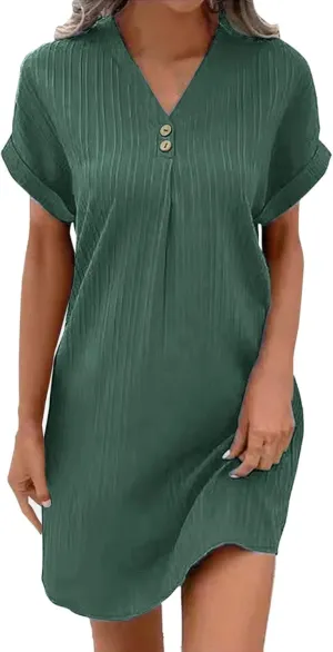 Womens Short Sleeve Casual Summer Dress V Neck Boho Beach Mini T Shirt Dress Dressy Work Button Down Swing Dresses