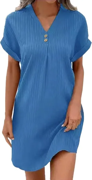 Womens Short Sleeve Casual Summer Dress V Neck Boho Beach Mini T Shirt Dress Dressy Work Button Down Swing Dresses
