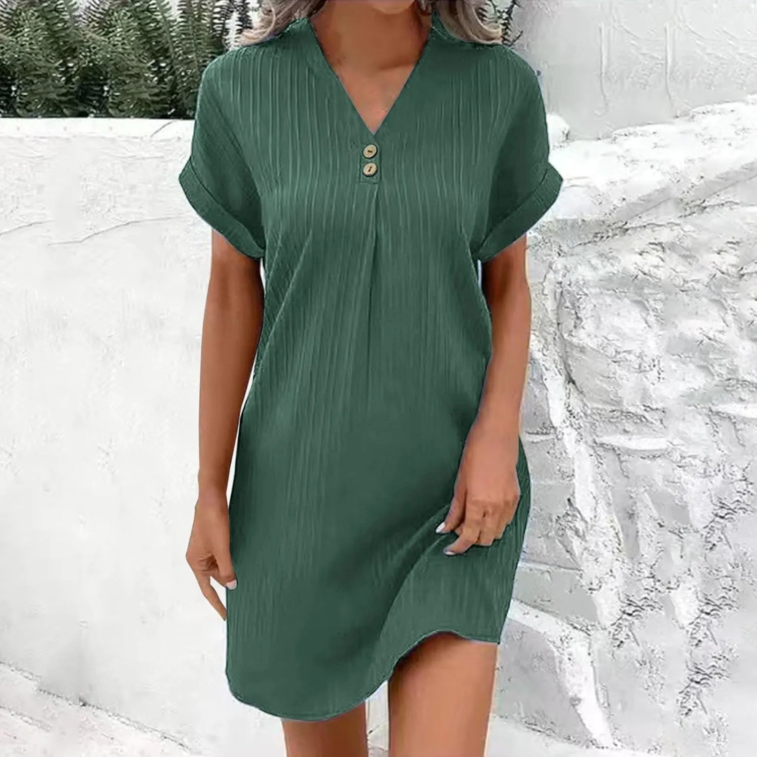 Womens Short Sleeve Casual Summer Dress V Neck Boho Beach Mini T Shirt Dress Dressy Work Button Down Swing Dresses