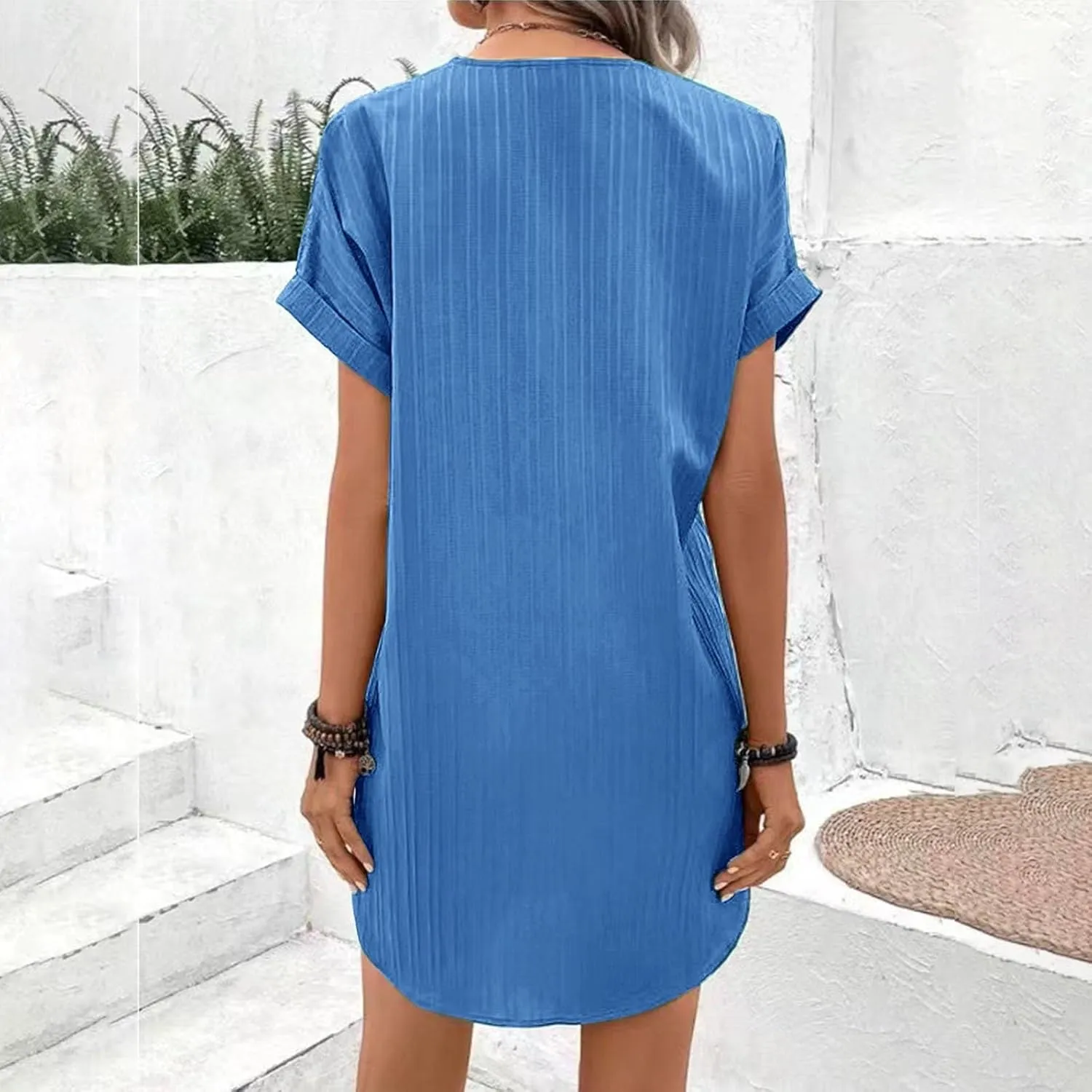 Womens Short Sleeve Casual Summer Dress V Neck Boho Beach Mini T Shirt Dress Dressy Work Button Down Swing Dresses