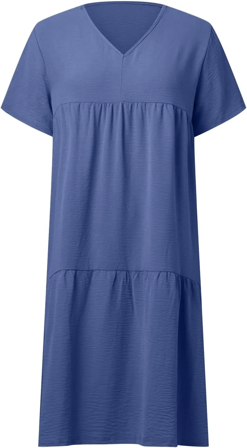 Womens Short Sleeve Dress Loose Fit Casual V Neck Midi Dresses Basic Swing Tshirt Beach Sun Dress Flowy Maxi Sundress