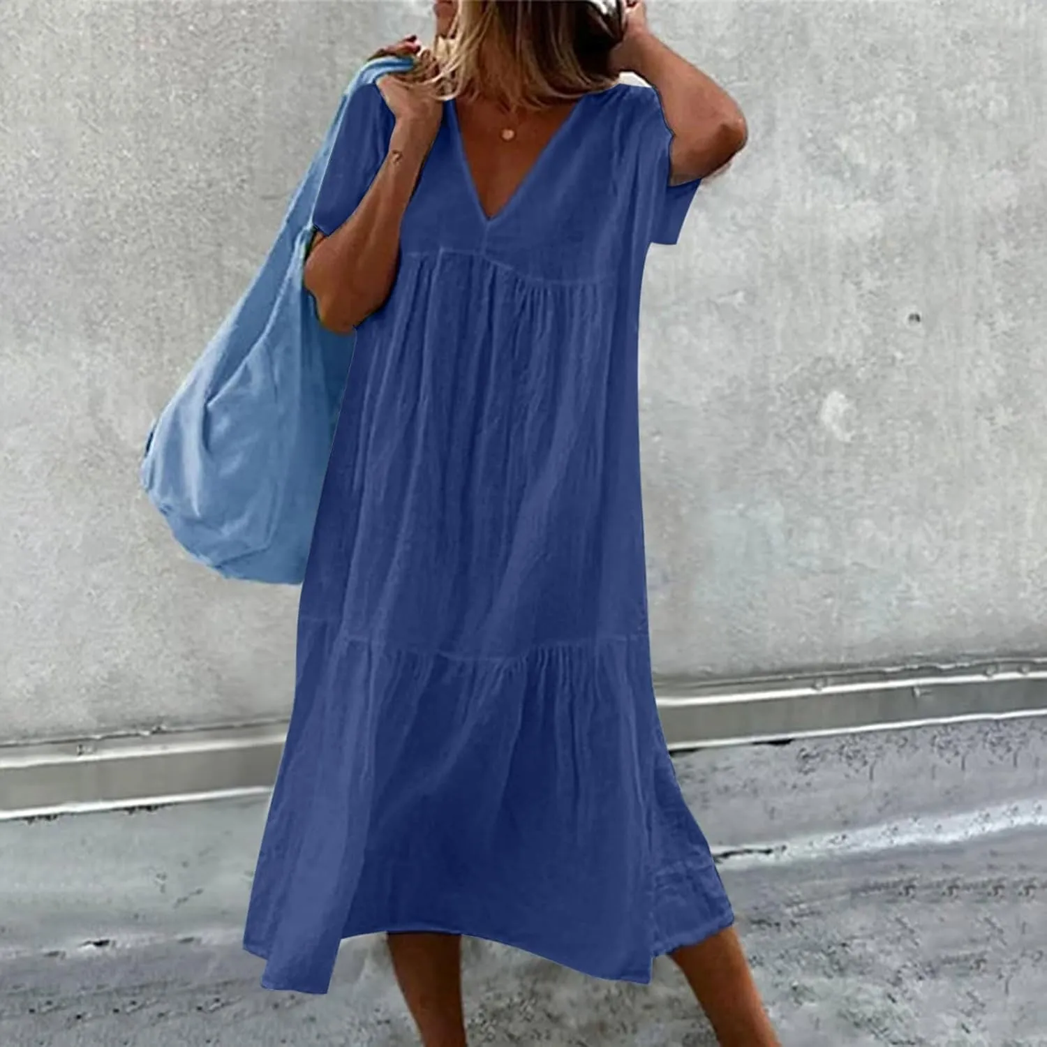 Womens Short Sleeve Dress Loose Fit Casual V Neck Midi Dresses Basic Swing Tshirt Beach Sun Dress Flowy Maxi Sundress