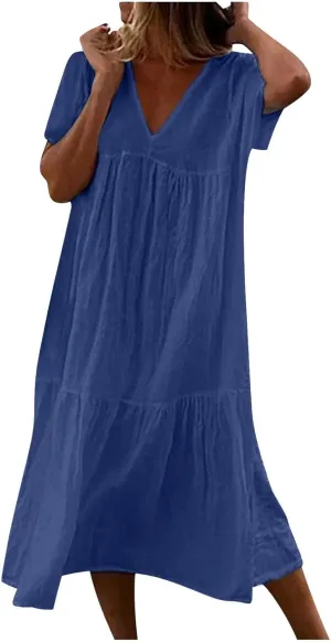 Womens Short Sleeve Dress Loose Fit Casual V Neck Midi Dresses Basic Swing Tshirt Beach Sun Dress Flowy Maxi Sundress