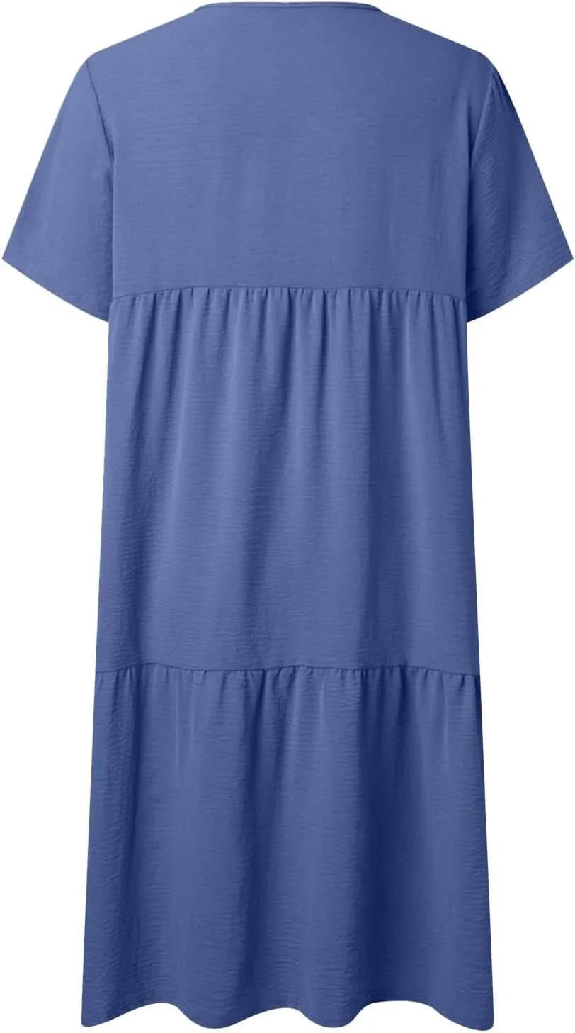 Womens Short Sleeve Dress Loose Fit Casual V Neck Midi Dresses Basic Swing Tshirt Beach Sun Dress Flowy Maxi Sundress