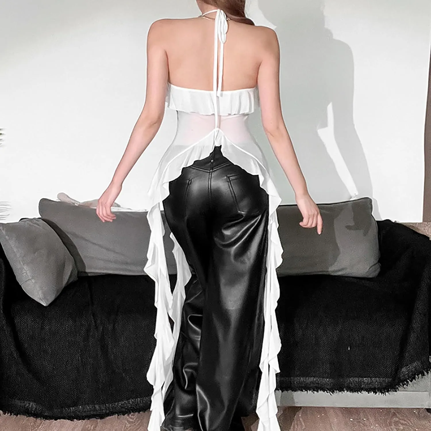 Womens Sleeveless Backless Going Out Crop Tank Top Sexy Asymmetrical Ruffle Flowy Trendy Summer Tops Outfits