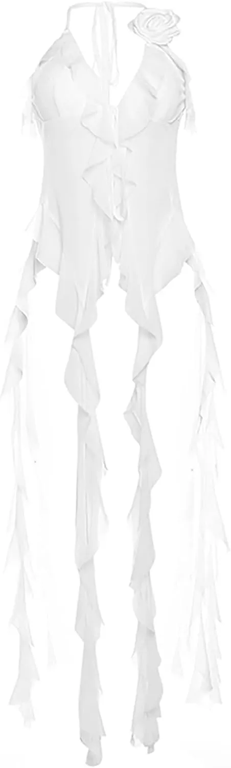 Womens Sleeveless Backless Going Out Crop Tank Top Sexy Asymmetrical Ruffle Flowy Trendy Summer Tops Outfits