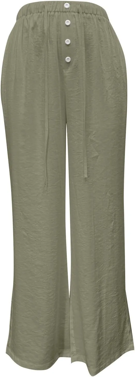 Women's Solid Cotton Linen Wide Leg Pants Low Waisted Casual Trousers Lightweight Summer Drawstring Beach Vacation Trouser