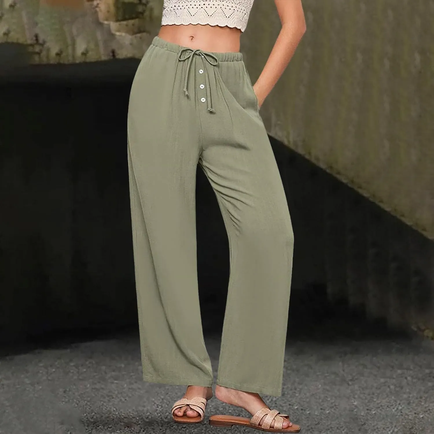 Women's Solid Cotton Linen Wide Leg Pants Low Waisted Casual Trousers Lightweight Summer Drawstring Beach Vacation Trouser