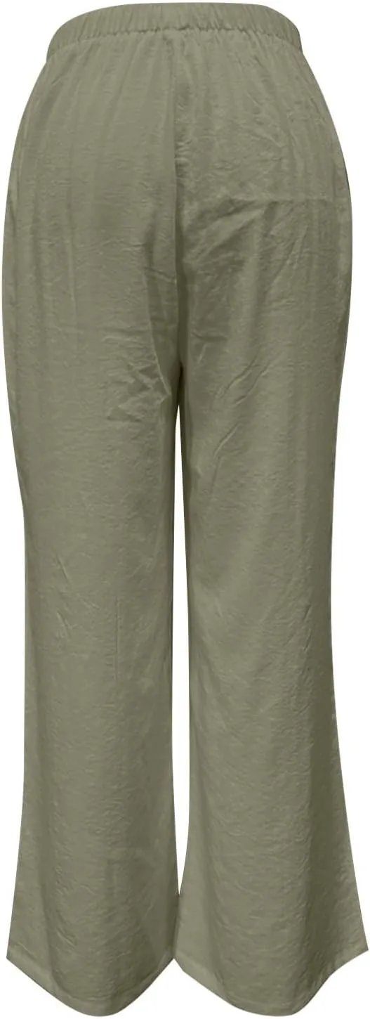 Women's Solid Cotton Linen Wide Leg Pants Low Waisted Casual Trousers Lightweight Summer Drawstring Beach Vacation Trouser