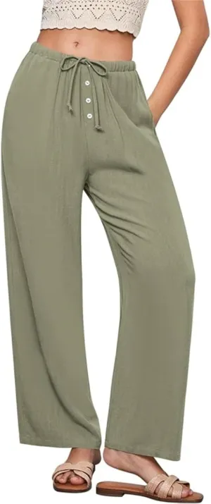 Women's Solid Cotton Linen Wide Leg Pants Low Waisted Casual Trousers Lightweight Summer Drawstring Beach Vacation Trouser