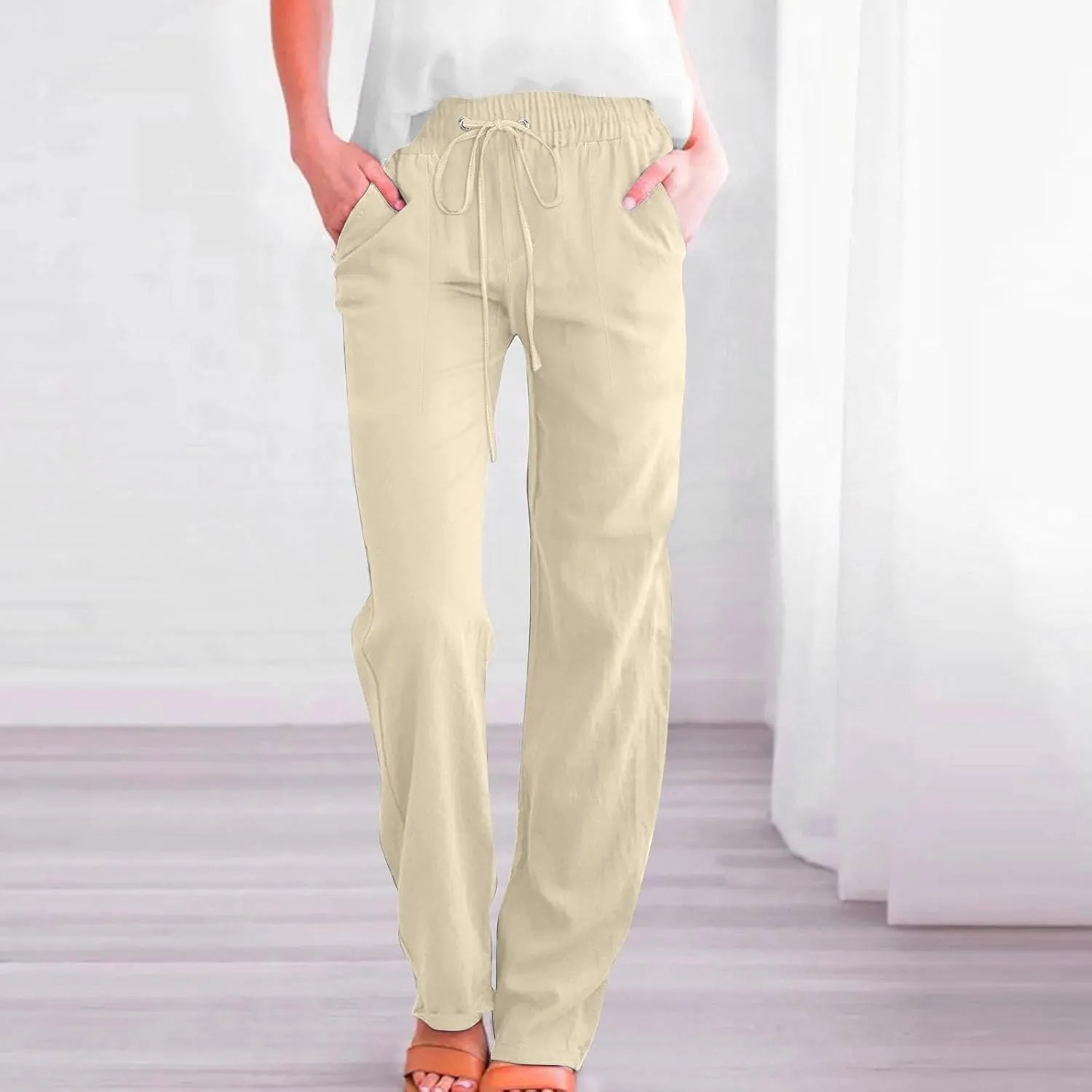 Women's Solid Striped Linen Capris Casual Drawstring Elastic Trousers Comfy Beach Palazzo Harem Pants with Pockets