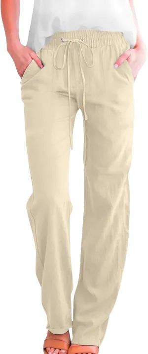 Women's Solid Striped Linen Capris Casual Drawstring Elastic Trousers Comfy Beach Palazzo Harem Pants with Pockets