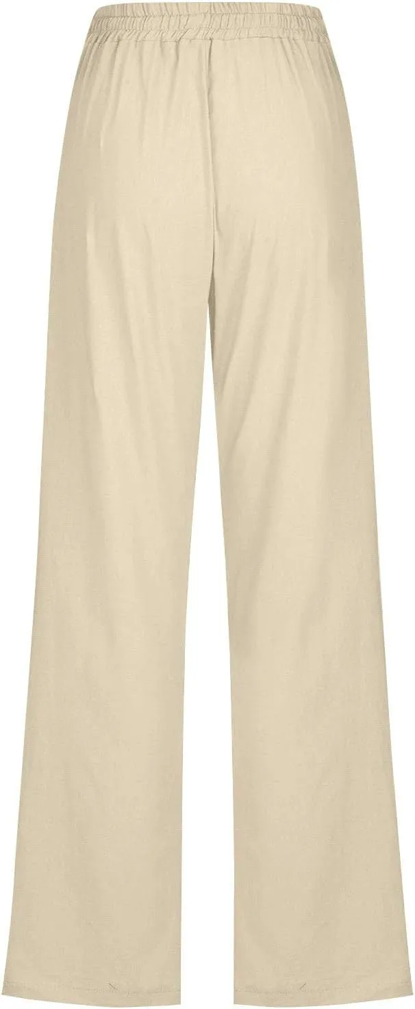 Women's Solid Striped Linen Capris Casual Drawstring Elastic Trousers Comfy Beach Palazzo Harem Pants with Pockets