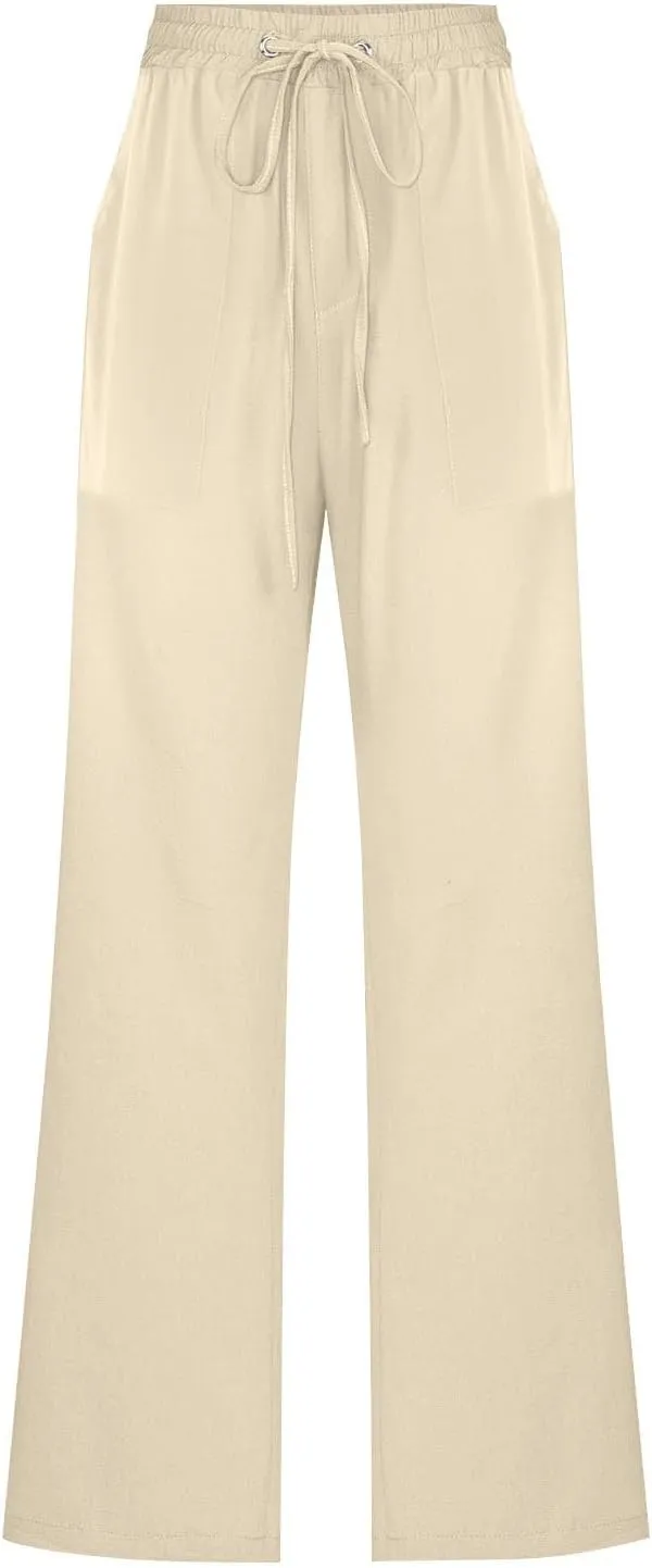 Women's Solid Striped Linen Capris Casual Drawstring Elastic Trousers Comfy Beach Palazzo Harem Pants with Pockets