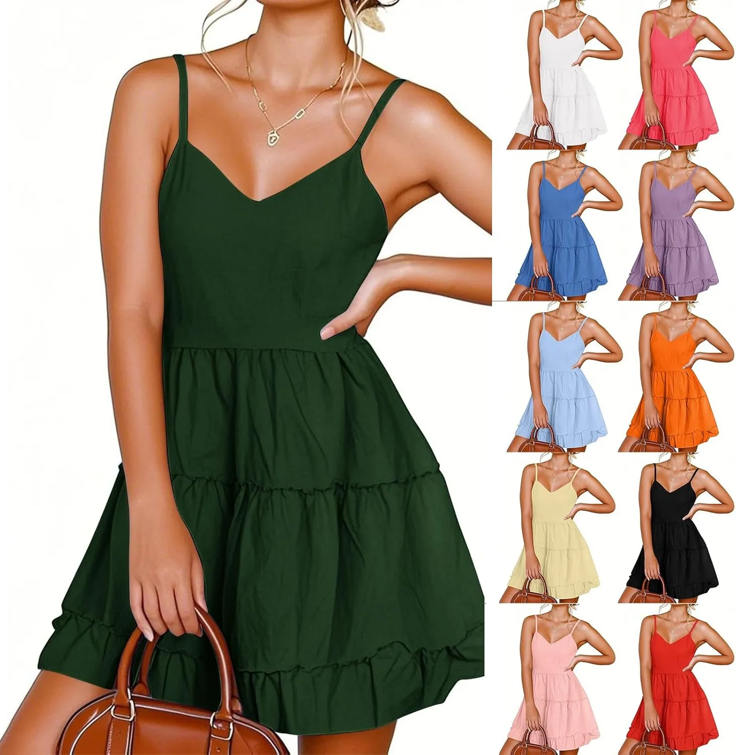 Womens Spaghetti Straps Mini Dress Sleeveless Summer V Neck Slip Dress Loose Fit Tiered Flowy Beach A Line Sundresses