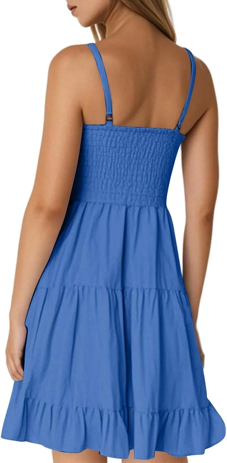 Womens Spaghetti Straps Mini Dress Sleeveless Summer V Neck Slip Dress Loose Fit Tiered Flowy Beach A Line Sundresses