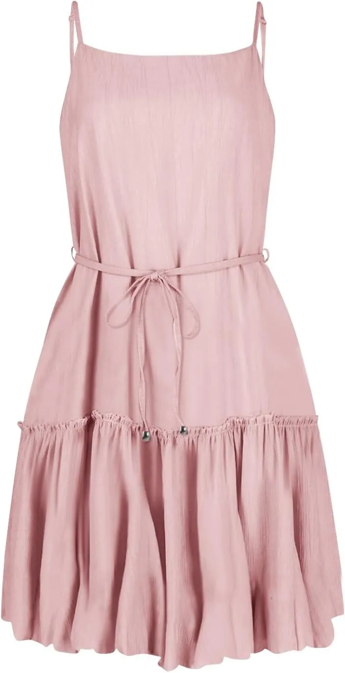 Womens Spaghetti Straps Mini Dress Summer Scoop Neck Lace up Ruffle Hem A Line Dress Flowy Tiered Swing Skater Dress