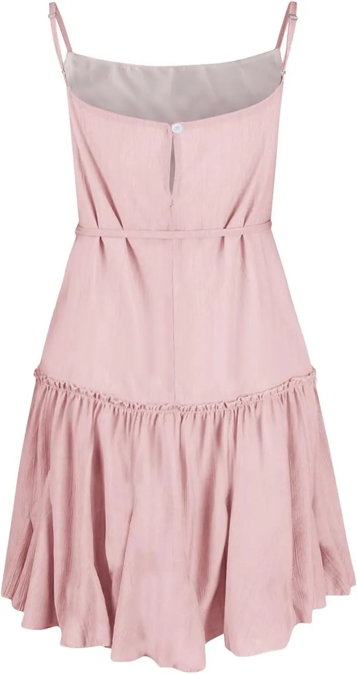 Womens Spaghetti Straps Mini Dress Summer Scoop Neck Lace up Ruffle Hem A Line Dress Flowy Tiered Swing Skater Dress
