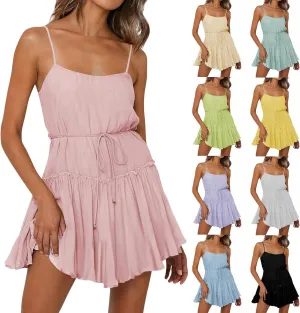 Womens Spaghetti Straps Mini Dress Summer Scoop Neck Lace up Ruffle Hem A Line Dress Flowy Tiered Swing Skater Dress