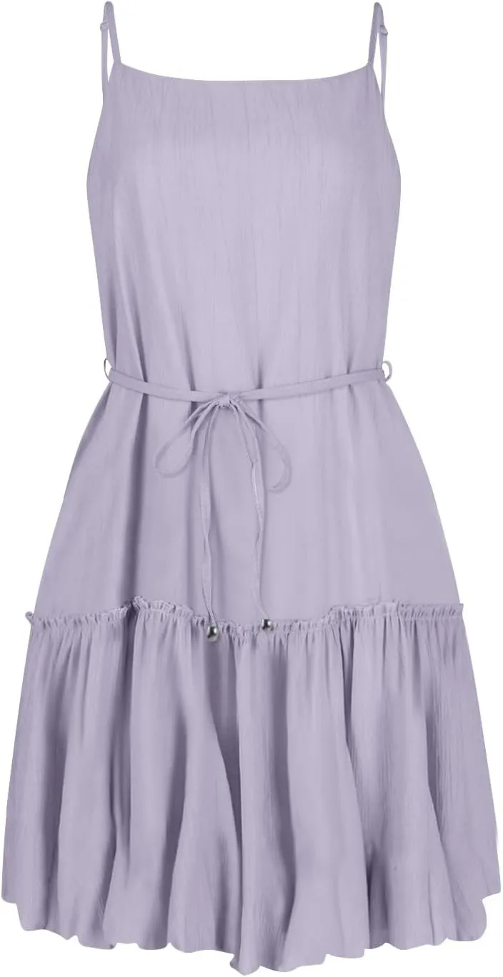 Womens Spaghetti Straps Mini Dress Summer Scoop Neck Lace up Ruffle Hem A Line Dress Flowy Tiered Swing Skater Dress