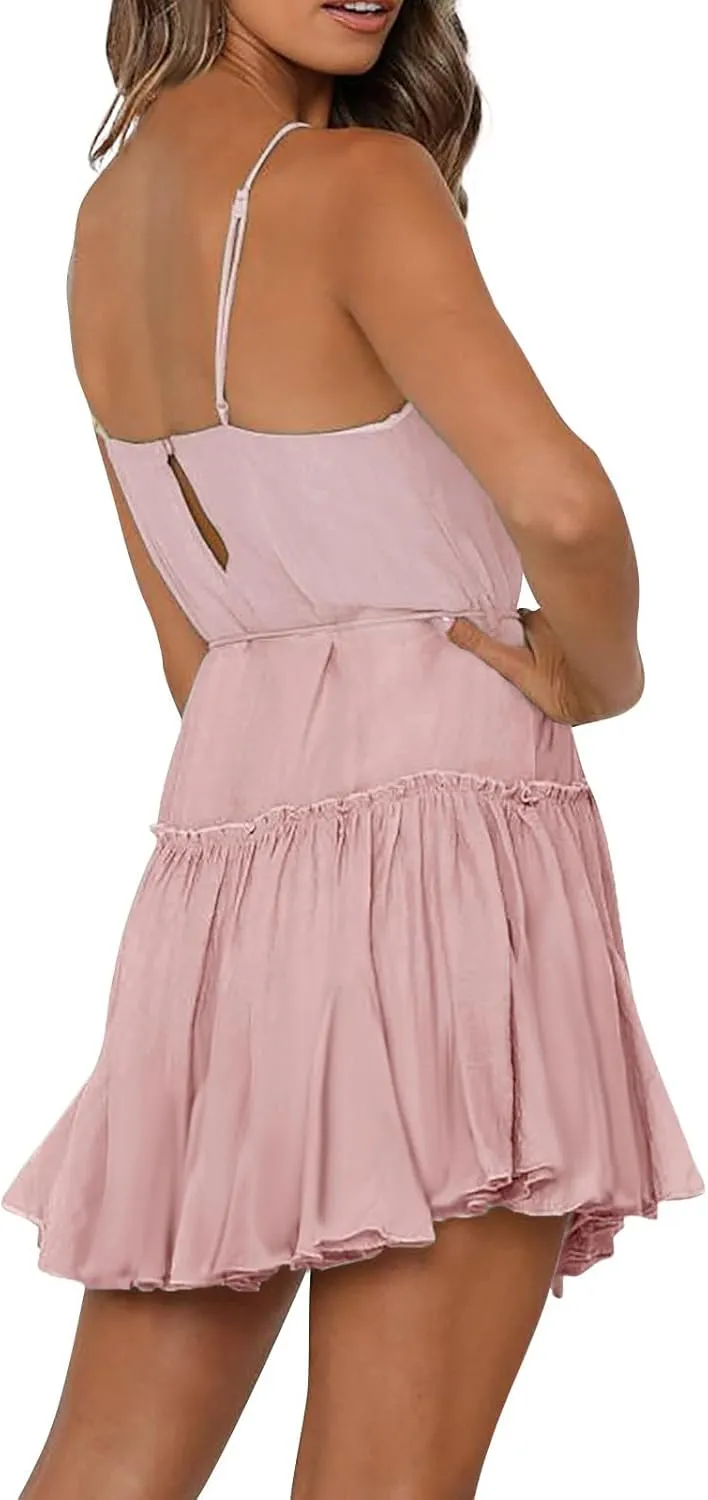 Womens Spaghetti Straps Mini Dress Summer Scoop Neck Lace up Ruffle Hem A Line Dress Flowy Tiered Swing Skater Dress