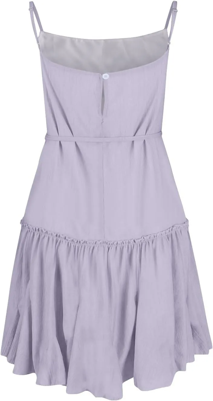 Womens Spaghetti Straps Mini Dress Summer Scoop Neck Lace up Ruffle Hem A Line Dress Flowy Tiered Swing Skater Dress