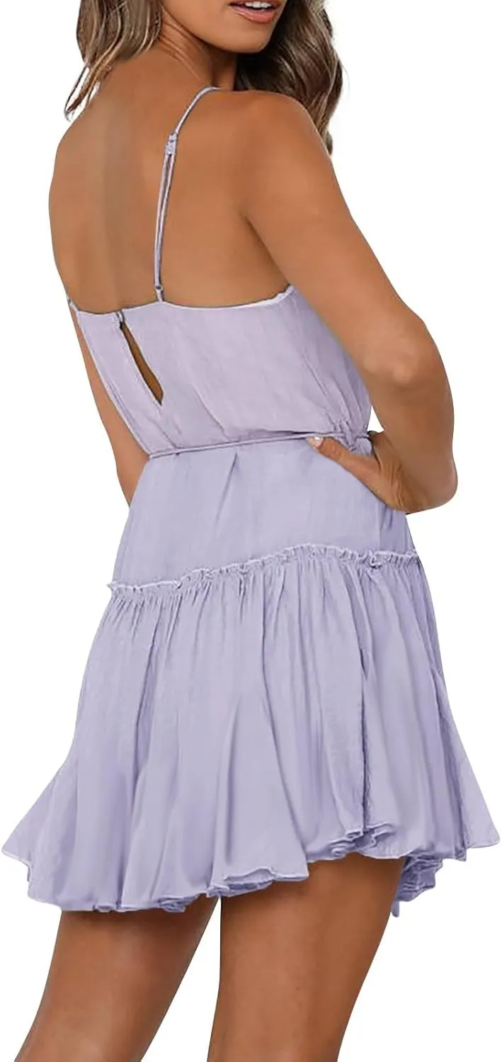 Womens Spaghetti Straps Mini Dress Summer Scoop Neck Lace up Ruffle Hem A Line Dress Flowy Tiered Swing Skater Dress