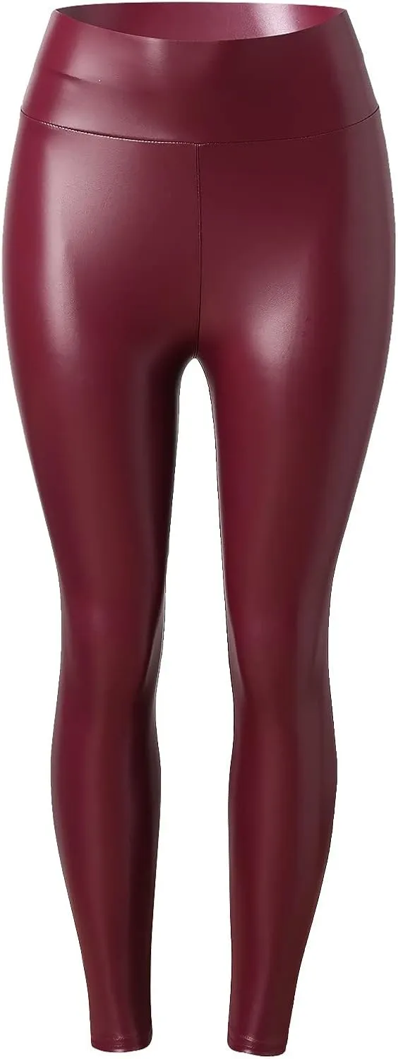 Women's Stretchy Faux Leather Leggings, Sexy High Waisted Butt Lifting Yoga Pants Comfy Tummy Control Pleather Tights