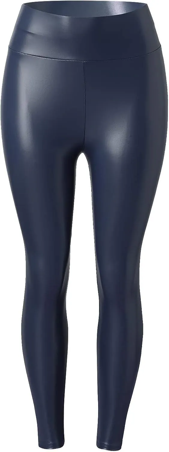 Women's Stretchy Faux Leather Leggings, Sexy High Waisted Butt Lifting Yoga Pants Comfy Tummy Control Pleather Tights