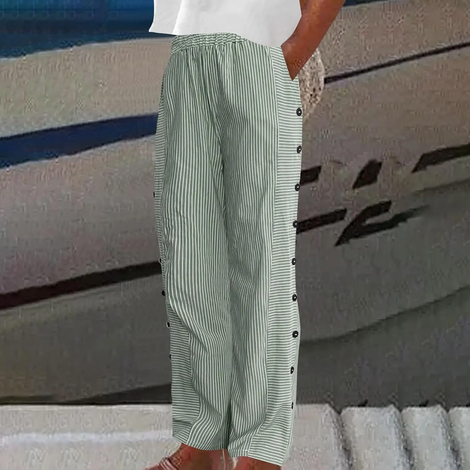 Womens Striped Side Button Pant Stretch High Waist Straight Leg Pant Loose Casual Aesthetic Retro Trouser with Pocket