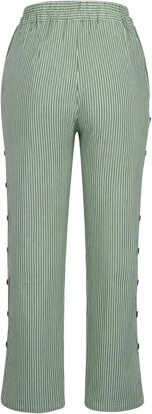 Womens Striped Side Button Pant Stretch High Waist Straight Leg Pant Loose Casual Aesthetic Retro Trouser with Pocket