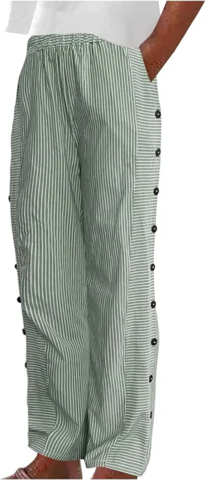 Womens Striped Side Button Pant Stretch High Waist Straight Leg Pant Loose Casual Aesthetic Retro Trouser with Pocket