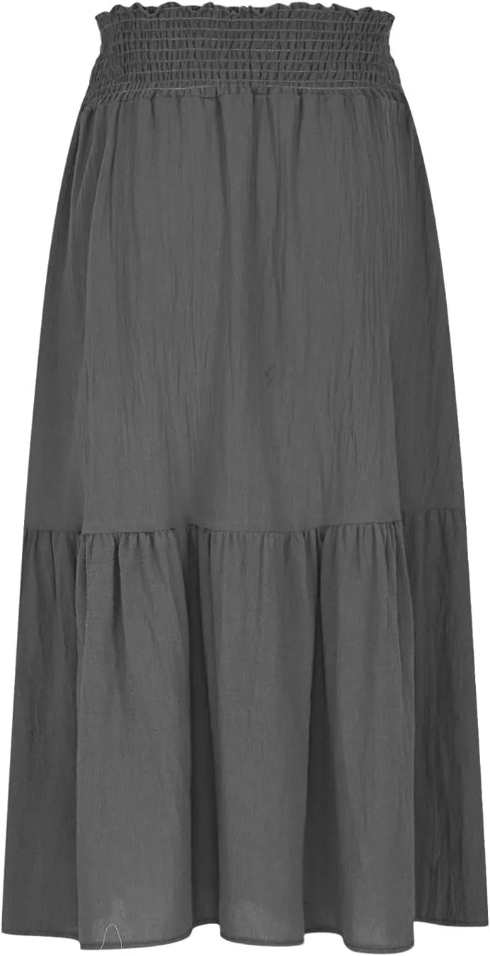 Womens Summer Boho Flowy Swing Tiered A-Line Maxi Skirt 2025 Fashion Trendy Elastic Waist Pleated Long Beach Dress