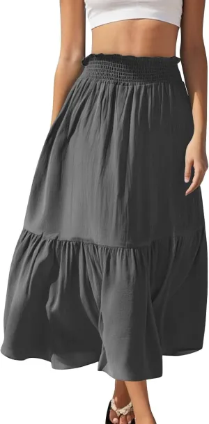 Womens Summer Boho Flowy Swing Tiered A-Line Maxi Skirt 2025 Fashion Trendy Elastic Waist Pleated Long Beach Dress