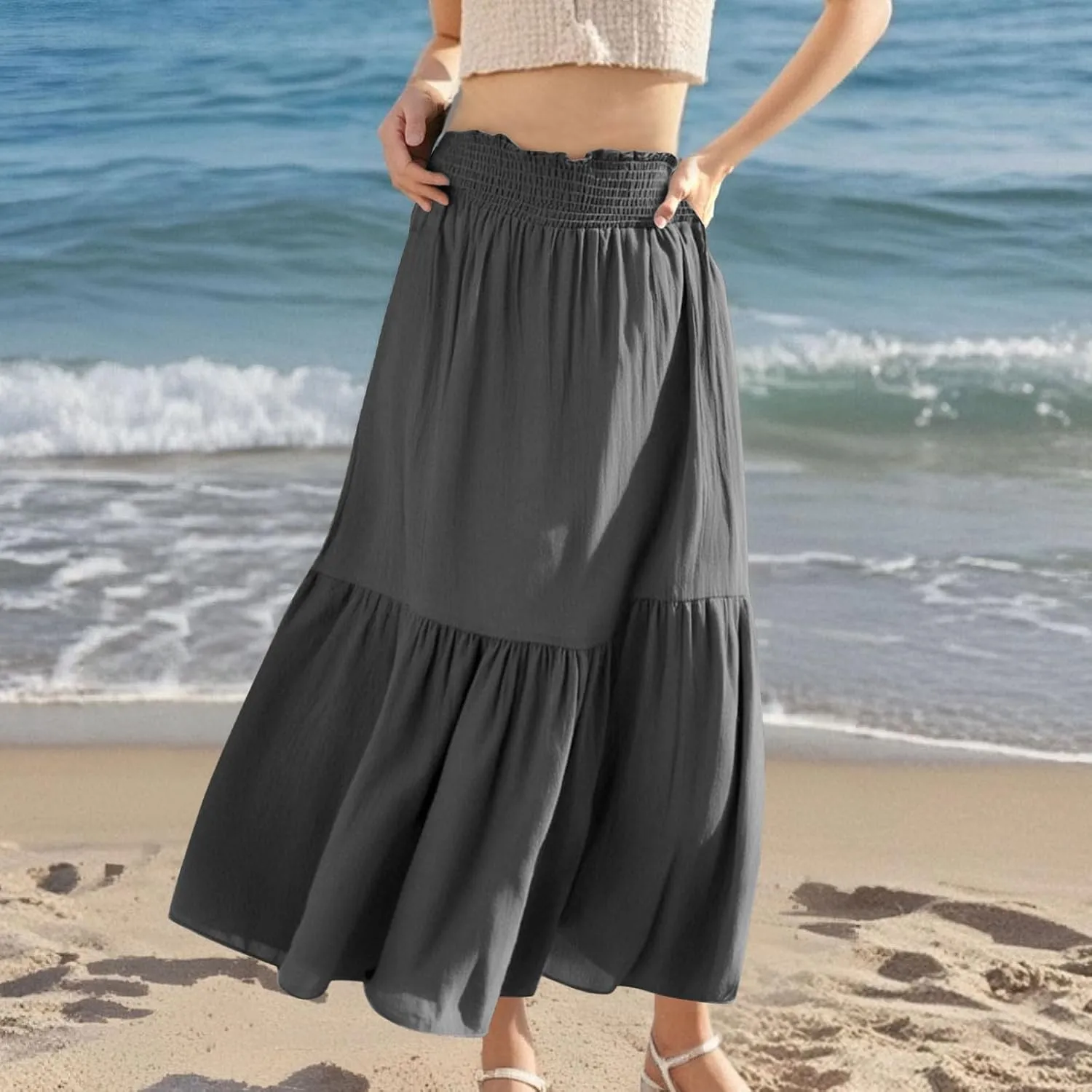 Womens Summer Boho Flowy Swing Tiered A-Line Maxi Skirt 2025 Fashion Trendy Elastic Waist Pleated Long Beach Dress