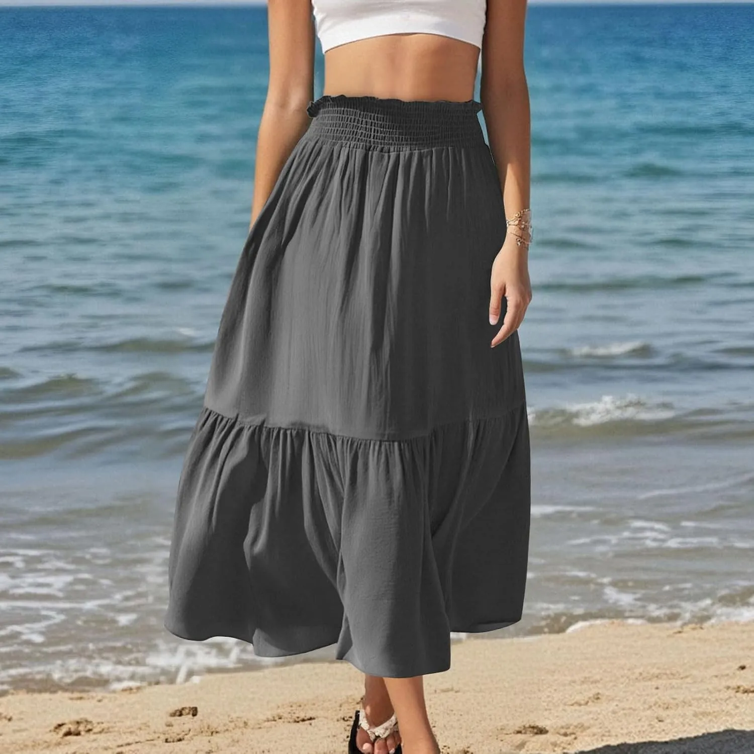 Womens Summer Boho Flowy Swing Tiered A-Line Maxi Skirt 2025 Fashion Trendy Elastic Waist Pleated Long Beach Dress