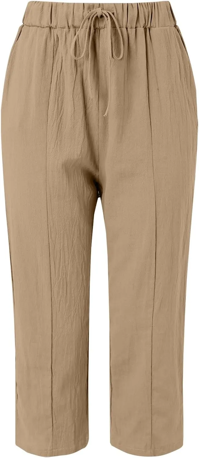 Womens Summer Cotton Linen Casual Trousers Loose Drawstring Waist Pant Pure Color Straight Leg Pants with Pockets