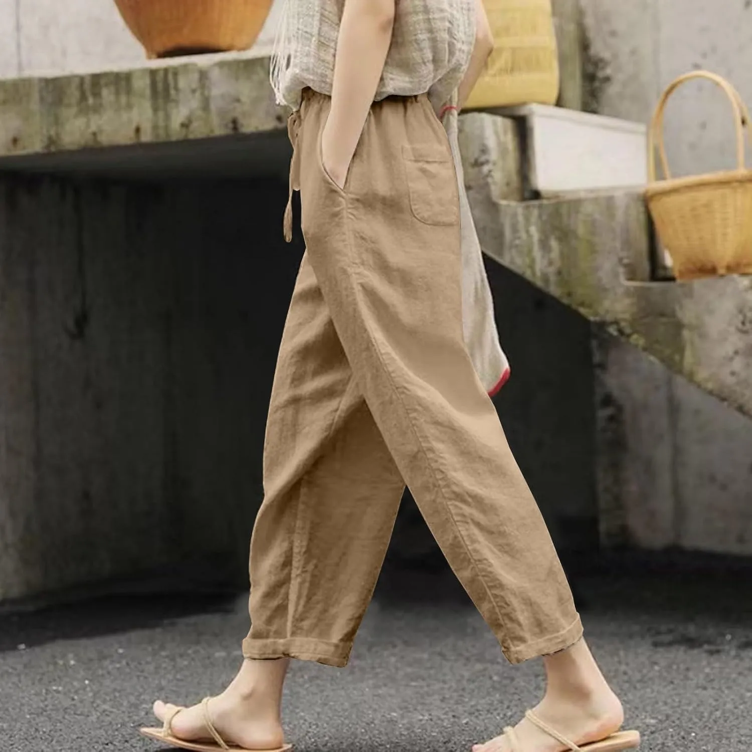 Womens Summer Cotton Linen Casual Trousers Loose Drawstring Waist Pant Pure Color Straight Leg Pants with Pockets
