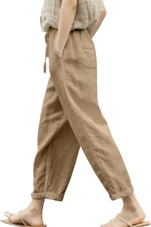 Womens Summer Cotton Linen Casual Trousers Loose Drawstring Waist Pant Pure Color Straight Leg Pants with Pockets
